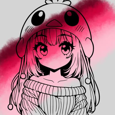 anime girl with chick shaped hat with sweater with bare shoulders with bangs covering them one eye with low tail