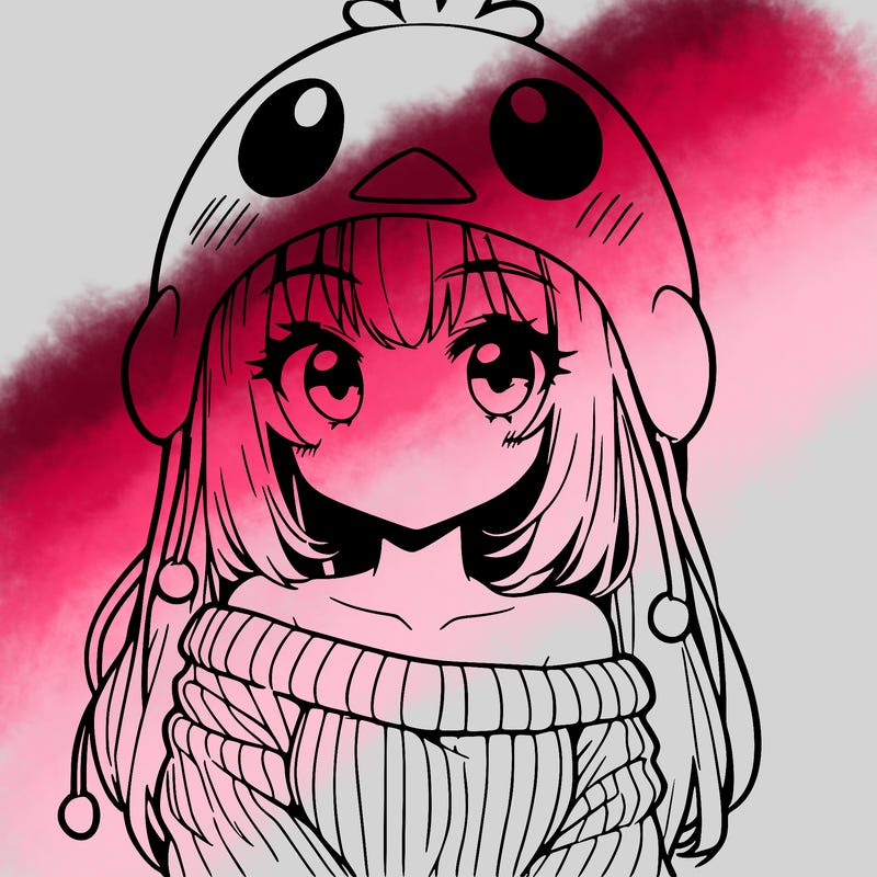 anime girl with chick shaped hat with sweater with bare shoulders with bangs covering them one eye with low tail