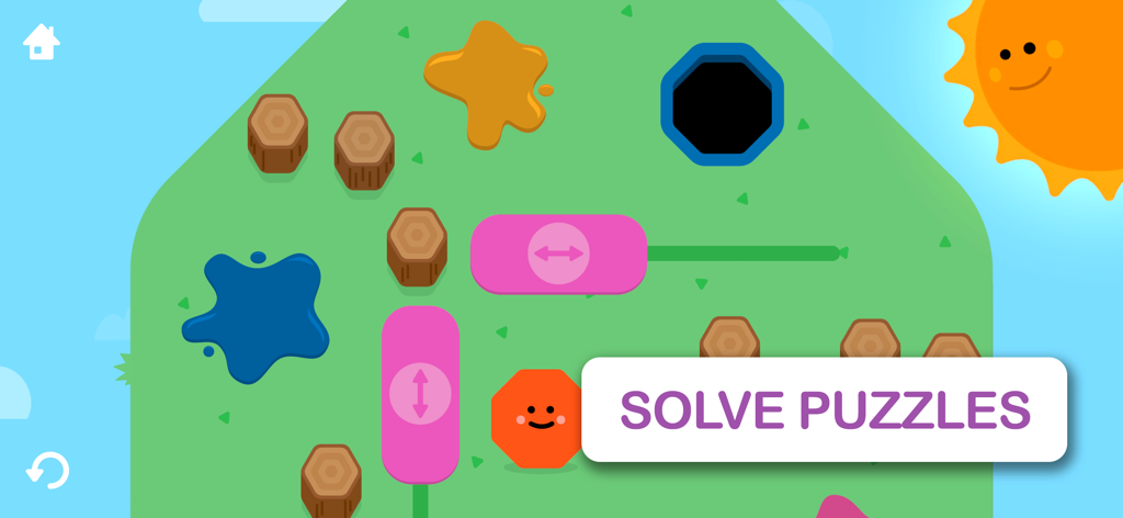 Goodness Shapes Shuffle - Un juego de puzles colorido para preescolares donde los niños deslizan personajes con formas en agujeros coincidentes.