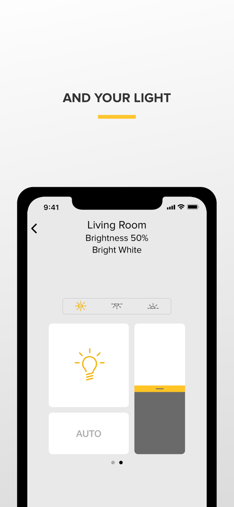 Big Ass Fans - Oberfläche der Big Ass Fans App mit Steuerungen für Helligkeit und Farbtemperatur des Wohnzimmerlichts