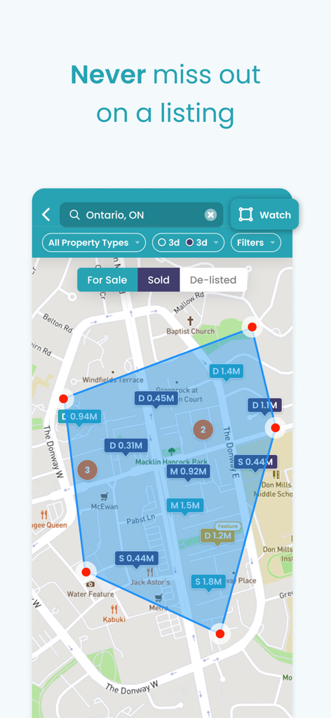 Eine Kartenoberfläche der HouseSigma-App, die zum Verkauf stehende Immobilien und Verkaufspreise in Ontario mit einer benutzerdefinierten Beobachtungsbereichsfunktion anzeigt.