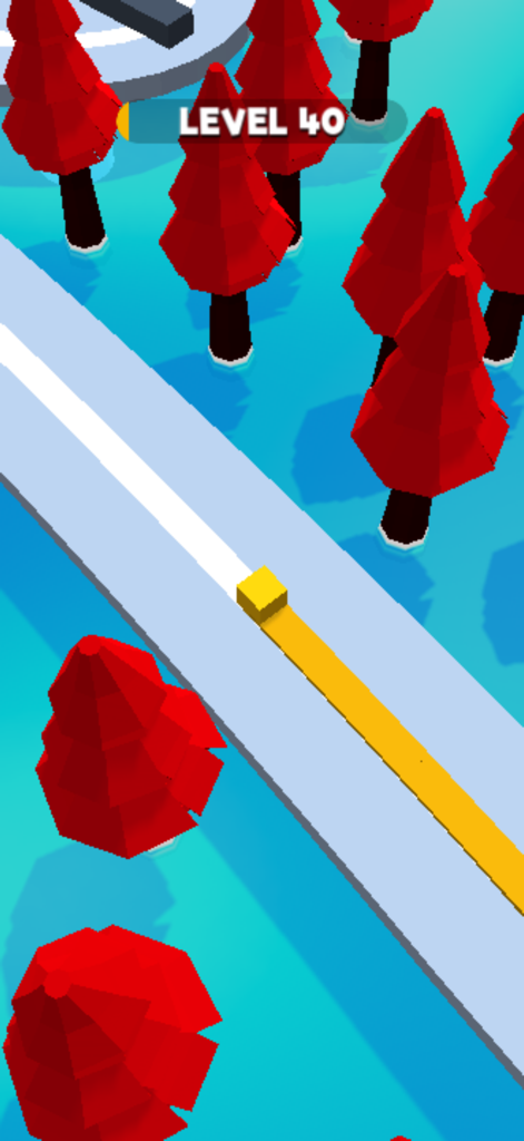 Cube Escape:Color Path - Un cubo amarillo moviéndose por un camino blanco dejando un rastro a través de un paisaje de árboles rojos en Cube Escape Color Path