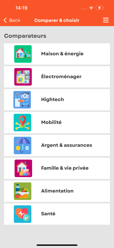 Testachats Digital 모바일 애플리케이션의 소비자 비교 카테고리 목록