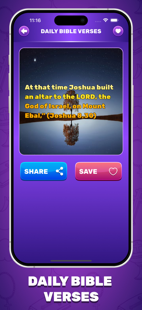 Daily Bible verse screen featuring Joshua 8:30 over a serene night landscape with share and save options