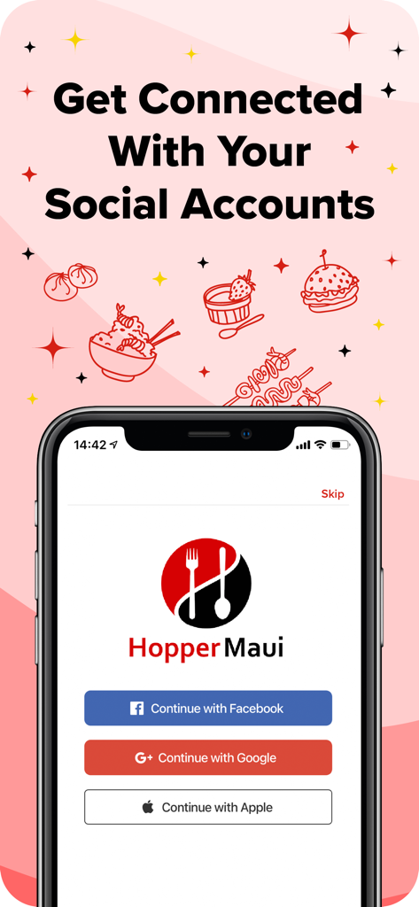 Hopper Maui - Hopper Maui mobile app screen for connecting social accounts with Facebook Google and Apple login options