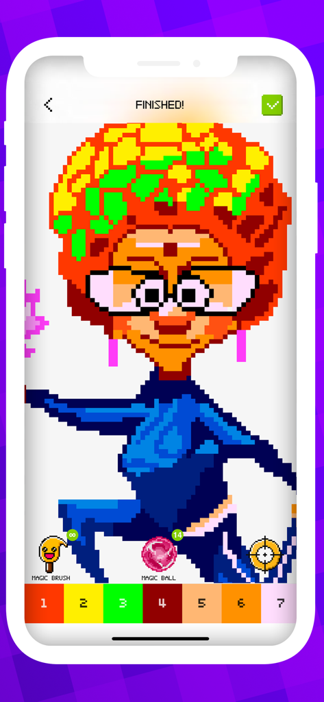 Magico: Fun Pixel Art Coloring - Finished pixel art coloring of a character in the Magico mobile app