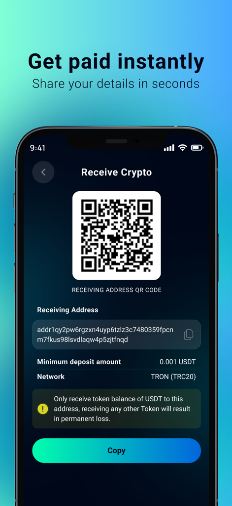 UEX.US - Pantalla de la aplicación UEX.US que muestra un código QR y una dirección de billetera para recibir la criptomoneda USDT en la red TRON.