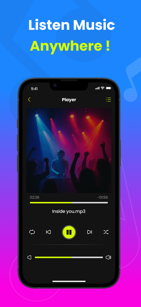 Interface de l'application Lecteur de musique hors ligne sur iPhone affichant une chanson en cours de lecture avec commandes de lecture et thème sombre