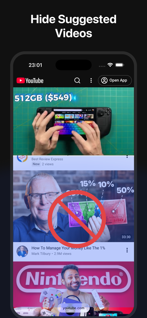 A screenshot showing the Clean YT for Safari mobile interface with a red prohibition sign over a suggested YouTube video to illustrate the hide suggested videos feature