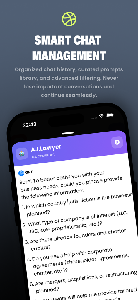 Capture d'écran de l'application Chat d'intelligence artificielle mettant en évidence la gestion intelligente des chats et une conversation avec un agent avocat IA spécialisé.