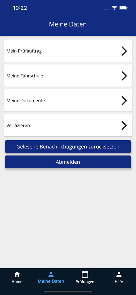 Fahrschüler-App - Student driver app profile settings screen showing menu options for test orders and documents