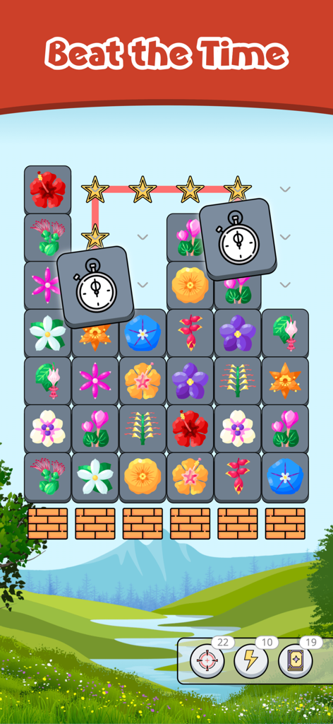 Zen Match Majong Tile Explorer - A tile matching puzzle game screen showing colorful flower tiles over a scenic nature background with a Beat the Time challenge.