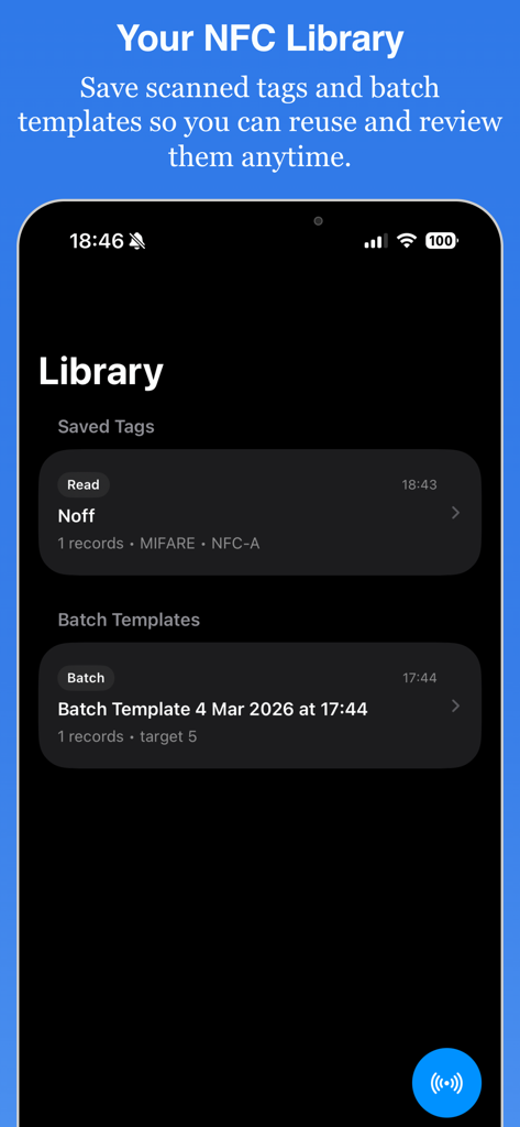 NFC Studio - NFC Studio app library screen showing saved tags and batch templates
