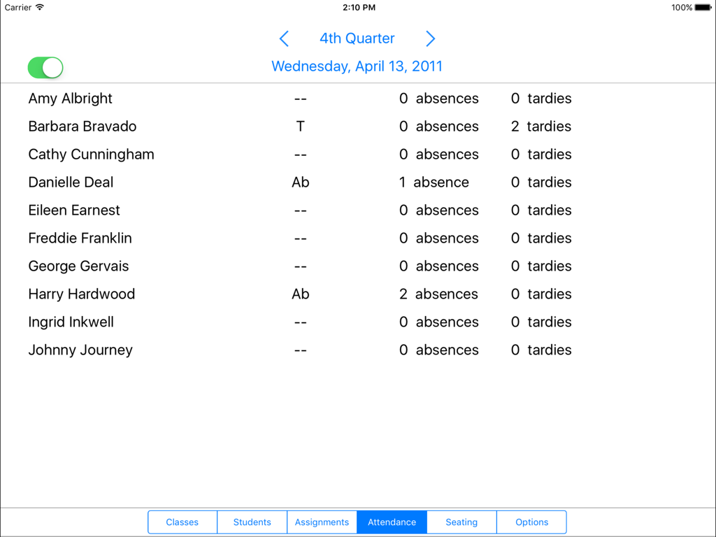 Tela de frequência do aplicativo Gradekeeper com nomes de alunos e registros de ausências