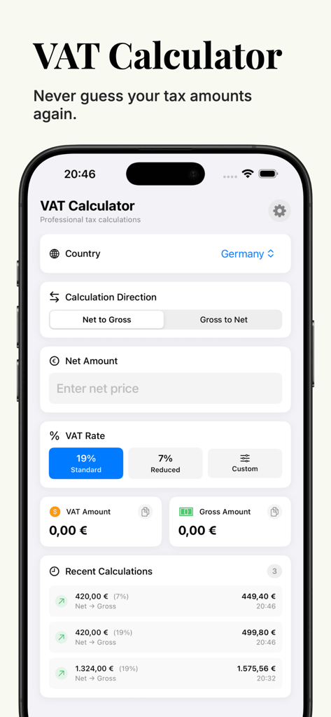 Mehrwertsteuer MwSt Rechner - VAT calculator app interface for net and gross tax calculations