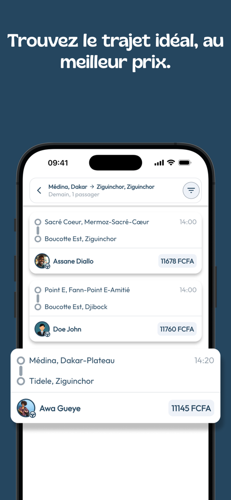 Klando - Klandoアプリのモバイルインターフェースに、ダカールからジギンコールまでのカープーリングライド、ドライバーの詳細、料金が表示されています。