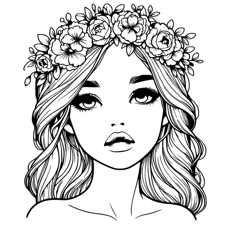 realistic girl with beautiful flower crown with pretty lips