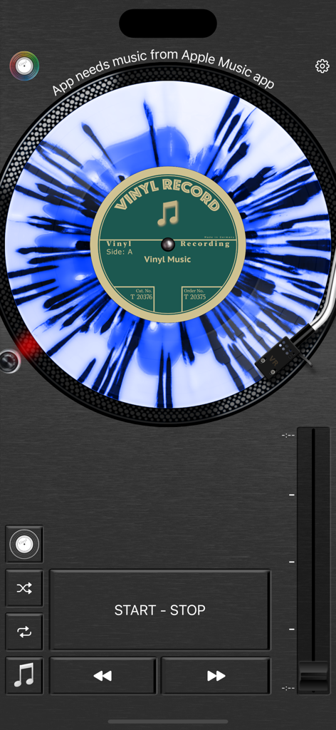 Vinyl Record - A virtual record player app showing a blue splatter vinyl record on a dark brushed metal turntable interface.