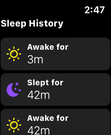 Simple Sleep Timer for Babies - Sleep history log on Apple Watch showing baby awake and sleep periods