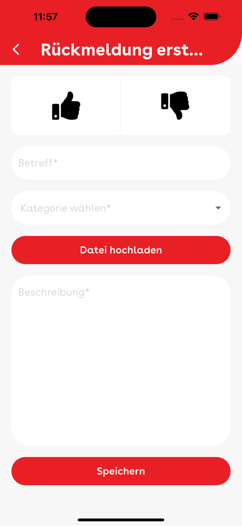Feedback-Formularbildschirm in der Erlebnisbank-App mit Daumen-hoch- und Daumen-runter-Symbolen
