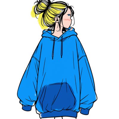 realistic girl with a oversized sweatshirt on and a bun