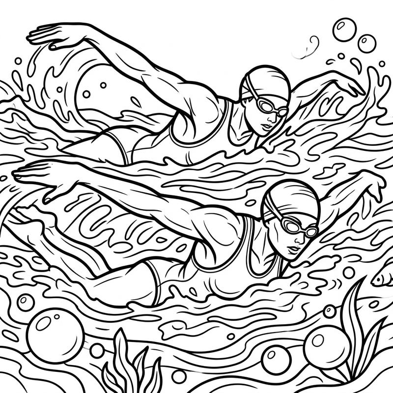 Get ready to splash into creativity with this exciting coloring page featuring two dynamic butterfly swimmers. Designed for kids aged 4-8, it offers balanced lines and engaging water details for hours of artistic fun.