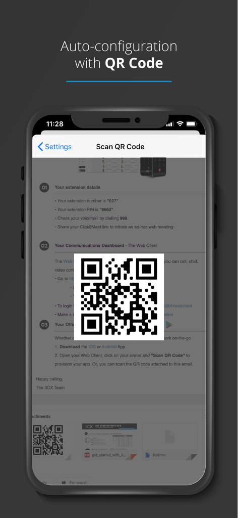 3CX - Smartphone screen showing 3CX app auto-configuration using a QR code scan