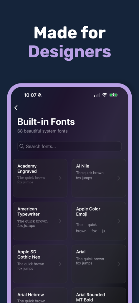 Font Viewer Typeface Font Book - Font Viewer app interface showing a list of built-in system fonts for designers