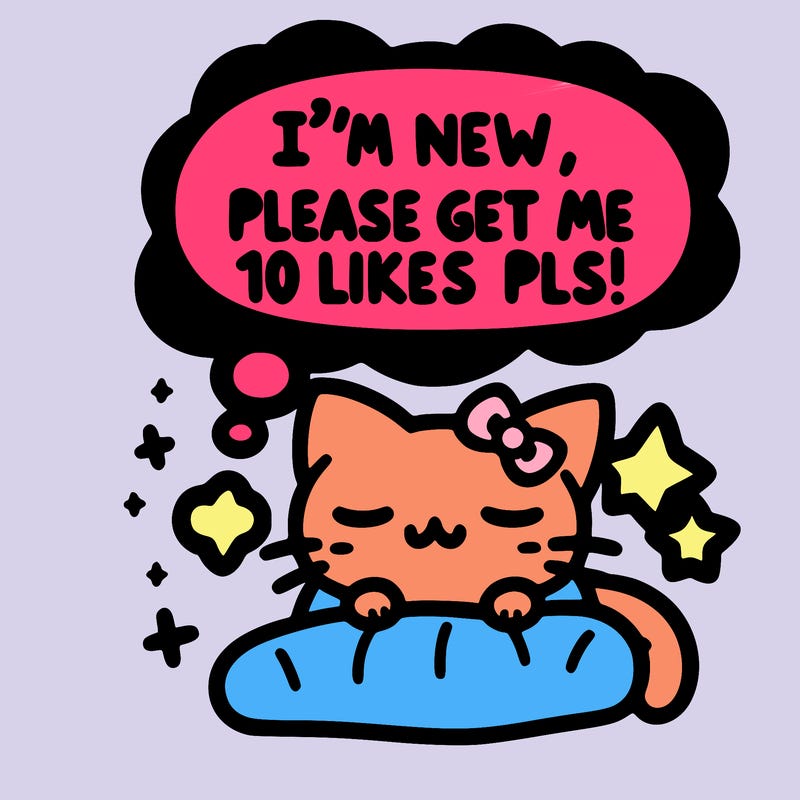 kitty taking a nap dream talking and saying "i'm new, please get me at least 10 likes pls!!"