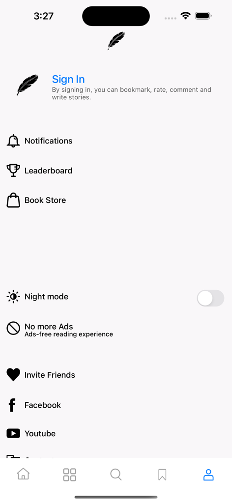 User profile menu in the Kathuwaraya app showing options for night mode and book store