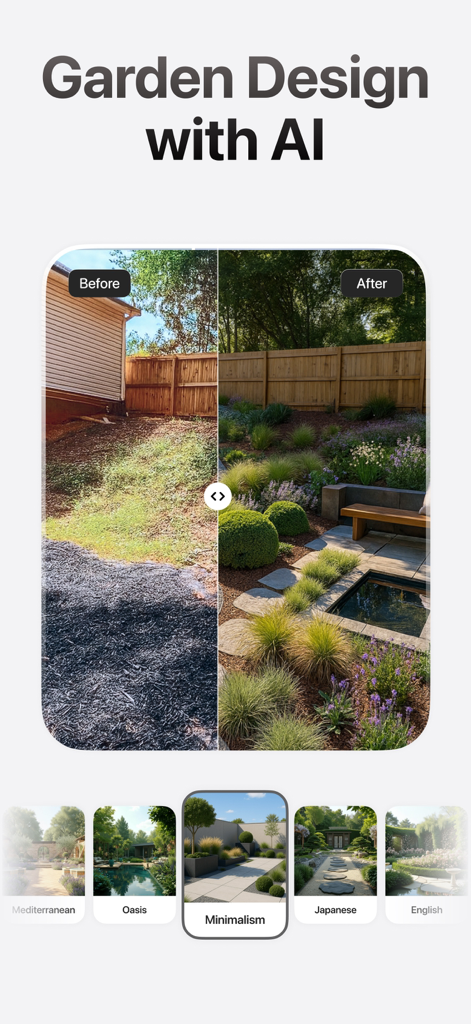 ReRoom AI: Interior Design - Before and after comparison of a backyard garden renovation using ReRoom AI landscaping feature