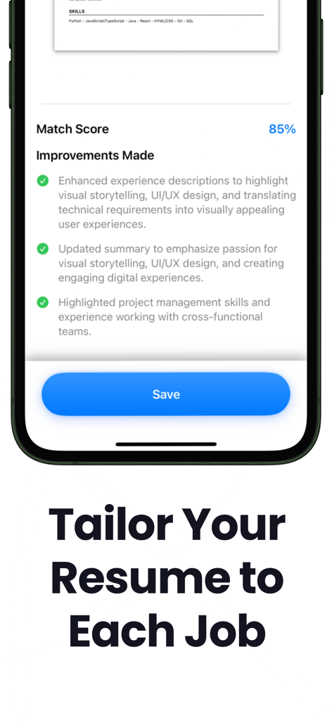 Interfaz de la aplicación Hired AI mostrando una puntuación de coincidencia del ochenta y cinco por ciento y una lista de mejoras de currículum para la adaptación del trabajo.