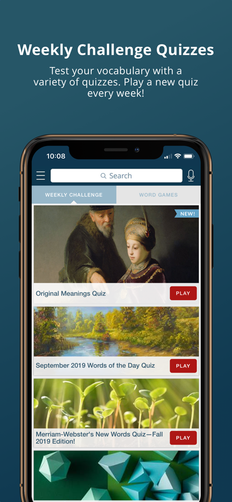 Merriam-Webster Dictionary app Weekly Challenge Quizzes interface showing various vocabulary games and a search bar