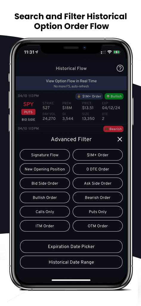A mobile interface of the OptionsFlow app showing advanced search and filter options for historical option order flow