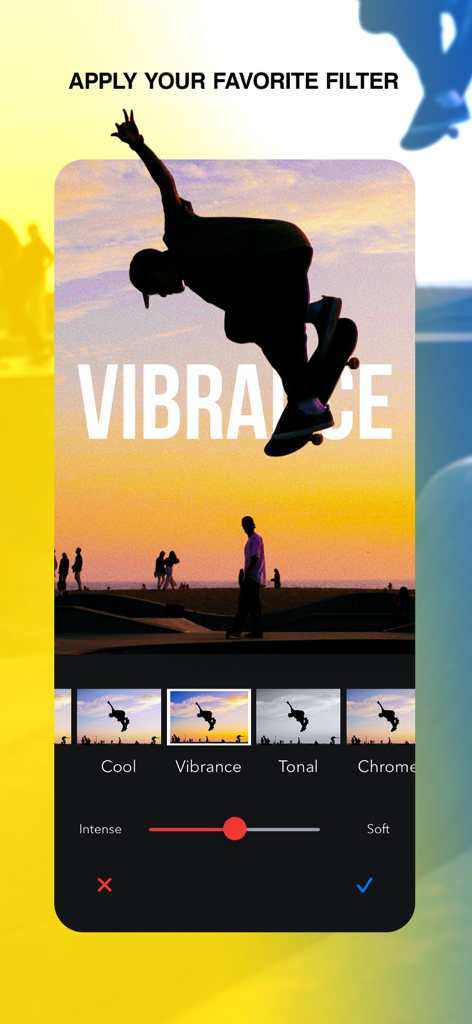 Hilights Video Editor Maker - Interface of Hilights Video Editor showing a skateboarder silhouette at sunset with the Vibrance filter applied