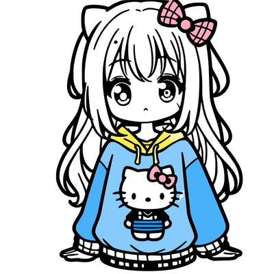 cute anime girl wearing a kuromi from hello kitty sweatshirt