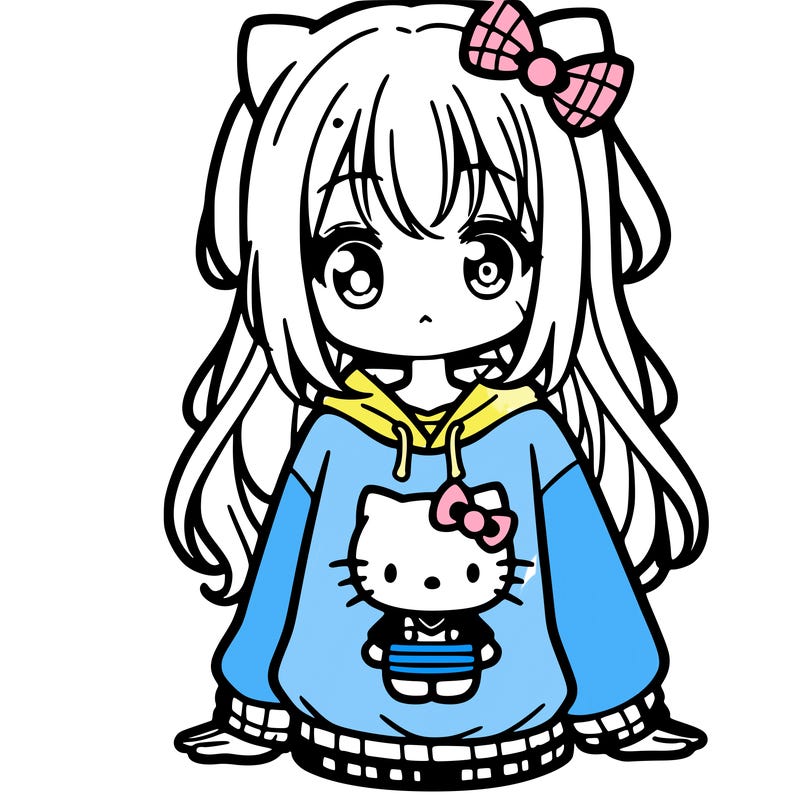 cute anime girl wearing a kuromi from hello kitty sweatshirt