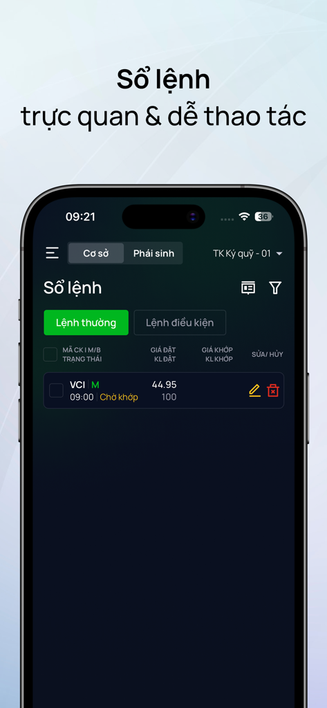Vietcap - Vietcap mobile app order book interface displaying stock trading options and market data