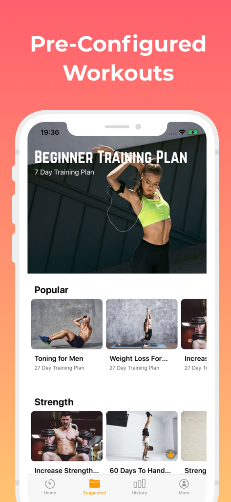Exercise Timer: Interval Timer - Interface of the Exercise Timer app showing a variety of pre-configured workout plans for beginners, toning, and strength.