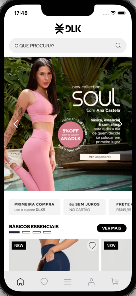 DLK Modas Oficial - Home screen of the DLK Modas app showing fitness apparel and discount offers