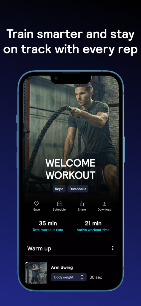 Stronger AI: Gym Planner - Resumen de sesión de entrenamiento en el planificador de gimnasio Stronger AI mostrando la duración del ejercicio y el calentamiento