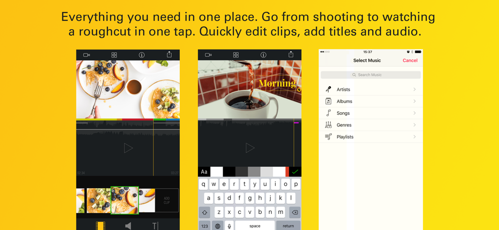 Kinomatic - Pro Video Camera - Interface of Kinomatic Pro Video Camera showing video timeline editing, title overlays, and music library selection screens on a yellow background.