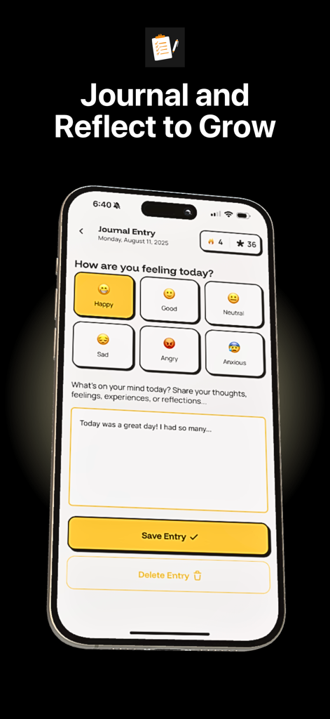 YLAG: Daily Habits Tracker - Journal entry screen in the YLAG app showing mood selection icons and a text box for daily reflection.