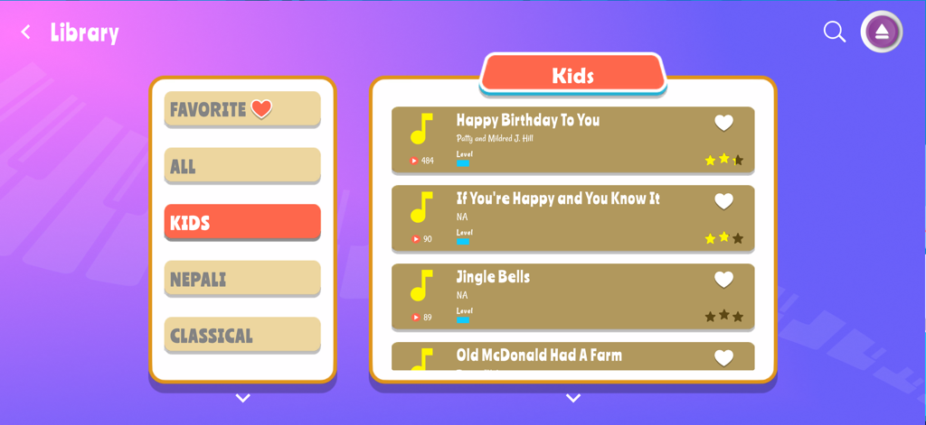 Piano Flow - Music Game - Piano Flow app song library screen showing a list of kids songs