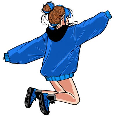 realistic girl jumping with a bun and oversized sweatshirt