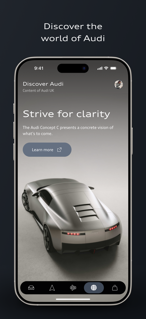 Discovery screen in the myAudi app showcasing the Audi Concept C car