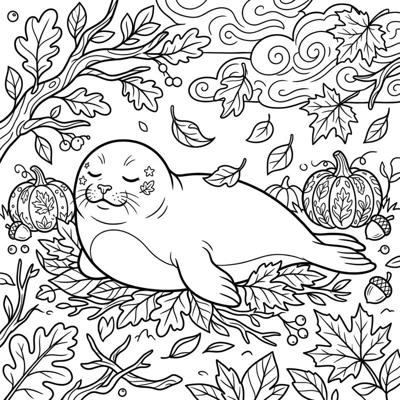 Unwind with this adorable coloring page featuring a tranquil seal enjoying a nap amidst the beauty of autumn. Delicate fall foliage, charming pumpkins, and a serene atmosphere await your creative touch.