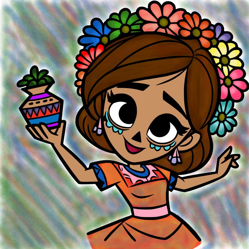 a disney style day of the dead woman.