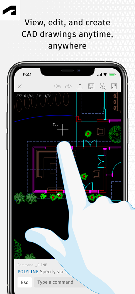 AutoCAD - AutoCADモバイルアプリのユーザーインターフェースには、スマートフォンで編集中の2D間取り図が表示されています。
