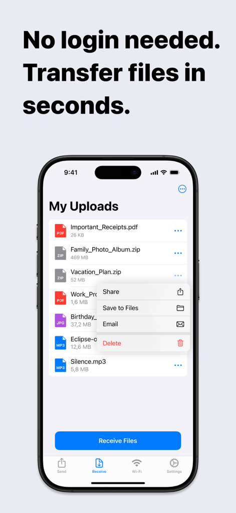 アップロードされたファイルのリストと共有メニューを表示するData Dropアプリを示すiPhone画面。